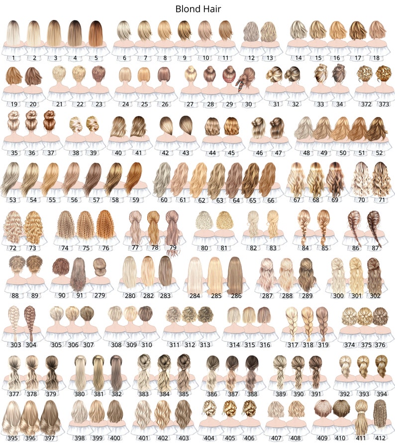 May include: A chart of 412 different blonde hair styles for use in digital art or graphic design. The hairstyles are illustrated in a cartoon style with a white background.