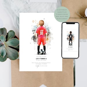 May include: A birthday invitation with a soccer theme, showing a watercolour illustration of a boy in a red number 10 jersey. The invitation includes the text "Leo is turning 10" and event details. A smartphone displays the same design.