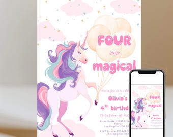 Unicorn birthday invitation, Four ever magical, 4th birthday invite, fourth birthday, Unicorn party, Magical birthday, printable, editable