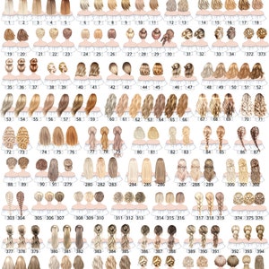 Peut inclure: Un tableau de 412 styles de cheveux blonds diff&eacute;rents &agrave; utiliser pour l'art num&eacute;rique ou la conception graphique. Les coiffures sont illustr&eacute;es dans un style cartoon avec un fond blanc.