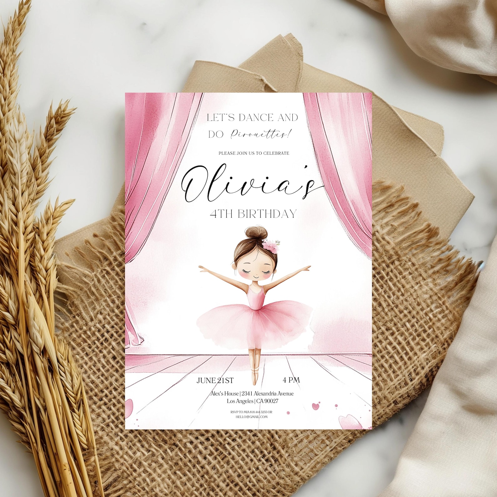 Ballerina Birthday Invitation, Ballerina Birthday Party Invite, Modern ...