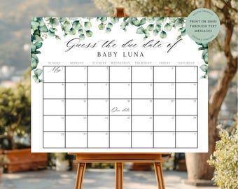 Gissa barnets förfallodatum-spel Eukalyptus babyshower-spel Skylt Grönt Gissa förfallodatum-spel Förutsägelsekalender Flicka Könsneutral