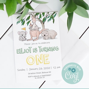 Australian animals Birthday Invitation GRATUIT Carte de remerciement, Invitation kangourou, Invitation Koala, Invitation à la faune, Corjl, modifiable, A01