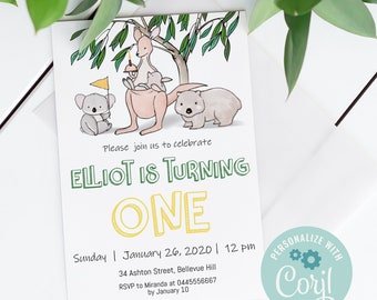 Australian animals Birthday Invitation FREE Thank you card, Kangaroo invitation, Koala invitation, Wildlife invitation, Corjl, editable, A01