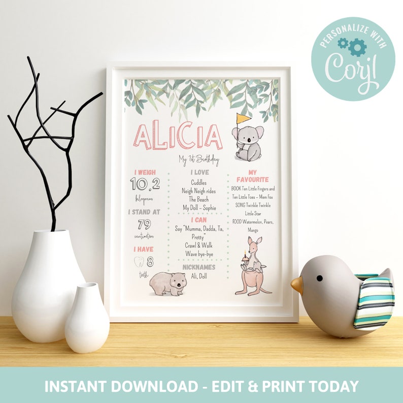 Kangaroo Wildlife invitation 1st birthday Koala Milestone Sign AP-2 Pink Australian Animals Milestone Board Milestone Poster
