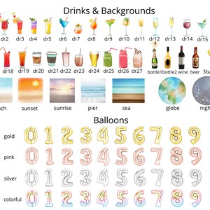 Op de afbeelding: Een set digitale clipart-afbeeldingen met verschillende dranken, achtergronden en ballonnen. De dranken omvatten cocktails, bier, wijn en flessen. De achtergronden omvatten strand, zonsondergang, zonsopgang, pier, zee, globe en nacht. De ballonnen zijn verkrijgbaar in goud, roze, zilver en kleurrijk.