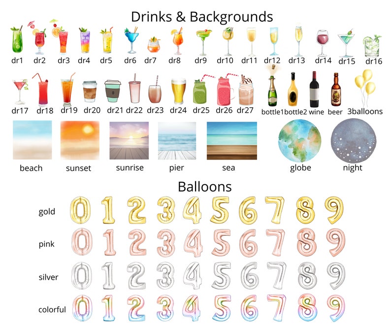 Op de afbeelding: Een set digitale clipart-afbeeldingen met verschillende dranken, achtergronden en ballonnen. De dranken omvatten cocktails, bier, wijn en flessen. De achtergronden omvatten strand, zonsondergang, zonsopgang, pier, zee, globe en nacht. De ballonnen zijn verkrijgbaar in goud, roze, zilver en kleurrijk.
