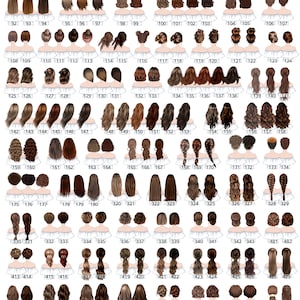 May include: A chart of 45 different brown hairstyles for women. Each hairstyle is numbered and displayed on a white background.