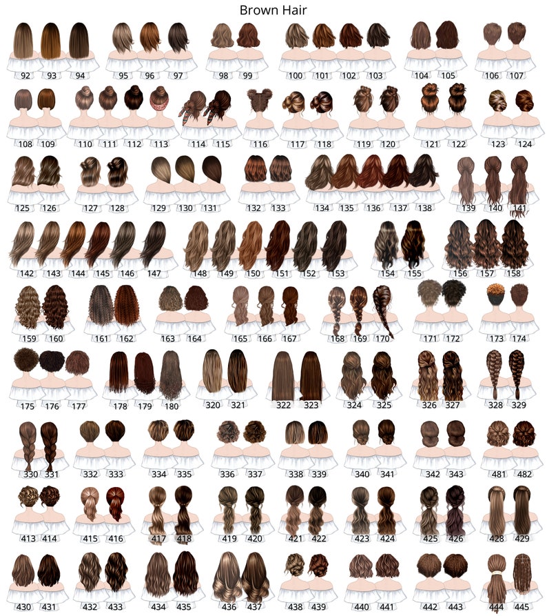 May include: A chart of 45 different brown hairstyles for women. Each hairstyle is numbered and displayed on a white background.