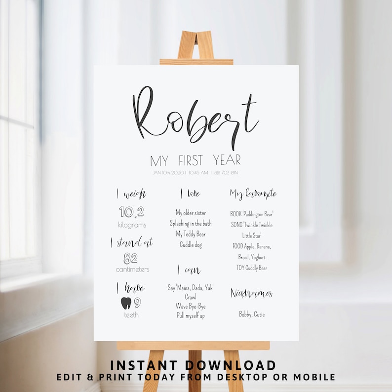 May include: A black and white printable poster with the name "Robert" at the top. The poster lists information about Robert's first year of life, including his weight, height, favorite activities, and nicknames. The poster is designed to be printed and displayed as a keepsake.