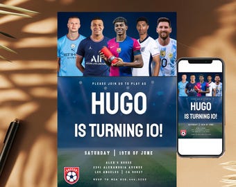 May include: Blue and white soccer-themed birthday invitation with a photo of soccer players. The invitation says "Please join us to play as Hugo is turning 10!" and includes the date, time, and location of the party.