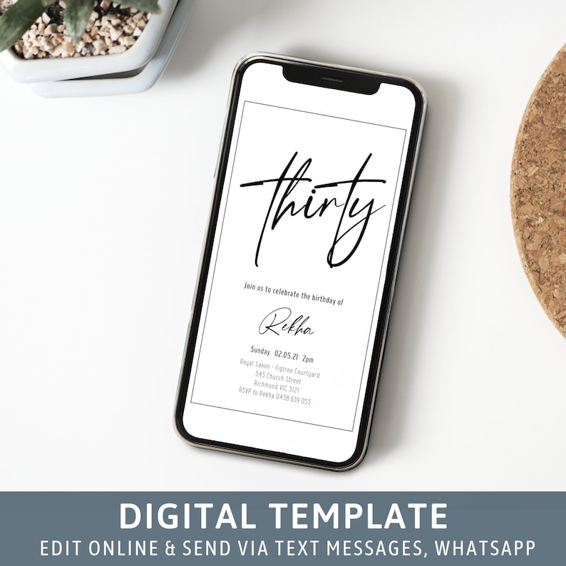 May include: A digital birthday invitation template for a 30th birthday party. The invitation is designed in a minimalist style with black text on a white background. The text includes the name "Rekha", the date "02.05.21", the time "2pm", the location "Royal Saxse-Figtree Courtyard", the address "545 Church Street, Richmond VIC 3121", and the RSVP information "RSVP to Rakha 0438 659 055".