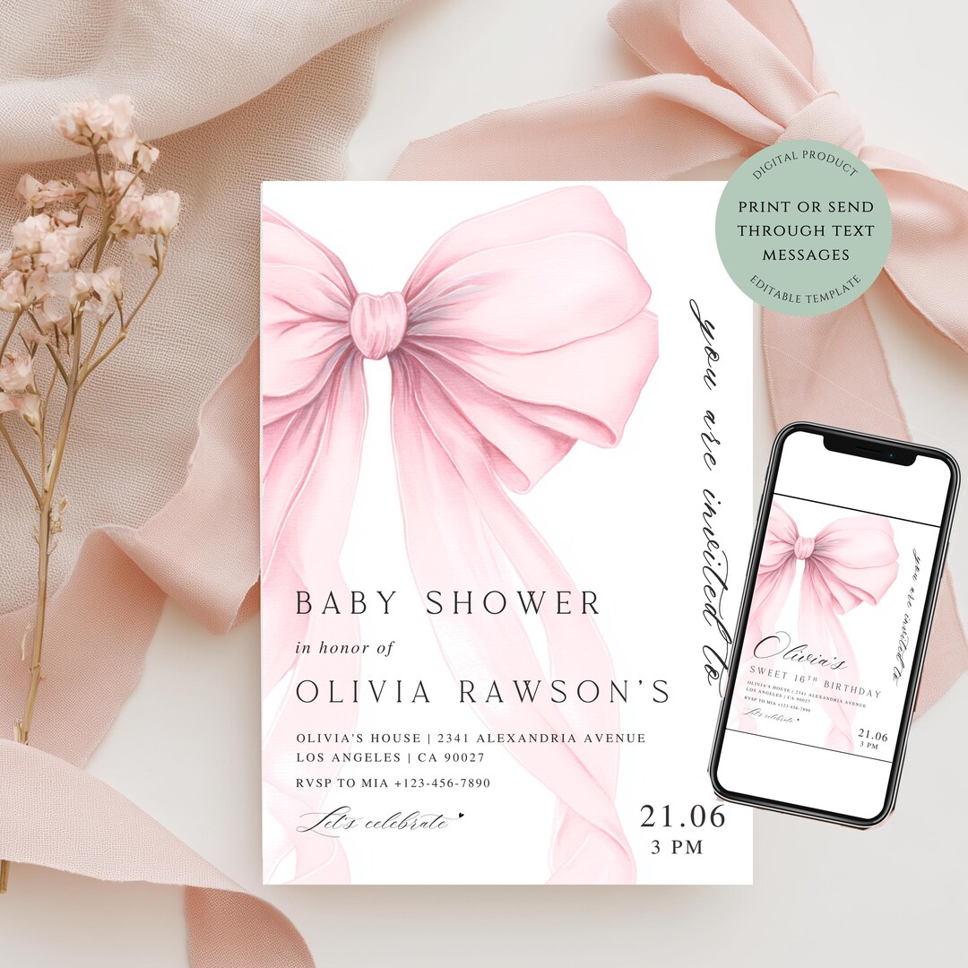 Blush Pink Bow Baby Shower Invitation Template, Elegant Girl Shower ...