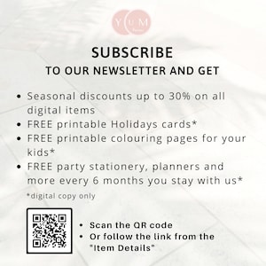 Peut inclure: Un graphique blanc et rose avec le texte "YUM Design" et le texte "SUBSCRIBE TO OUR NEWSLETTER AND GET" en noir. Le graphique &eacute;num&egrave;re plusieurs avantages &agrave; s'abonner &agrave; la newsletter, notamment des r&eacute;ductions saisonni&egrave;res, des articles imprimables gratuits et de la papeterie de f&ecirc;te gratuite. Un code QR est inclus avec des instructions pour scanner le code ou suivre un lien pour plus de d&eacute;tails.