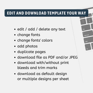 May include: A list of features for editing and downloading a template. The features include editing text, changing fonts, adding photos, duplicating pages, and downloading the file as a PDF or JPEG.