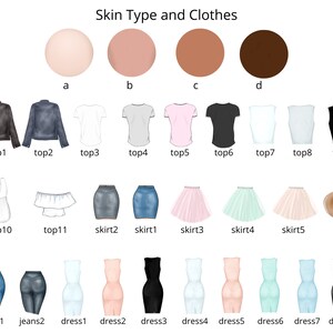 Peut inclure: Illustration de diff&eacute;rents tons de peau et options de v&ecirc;tements, y compris des hauts, des jupes, des jeans et des robes. L'image comprend le texte "Skin Type and Clothes".