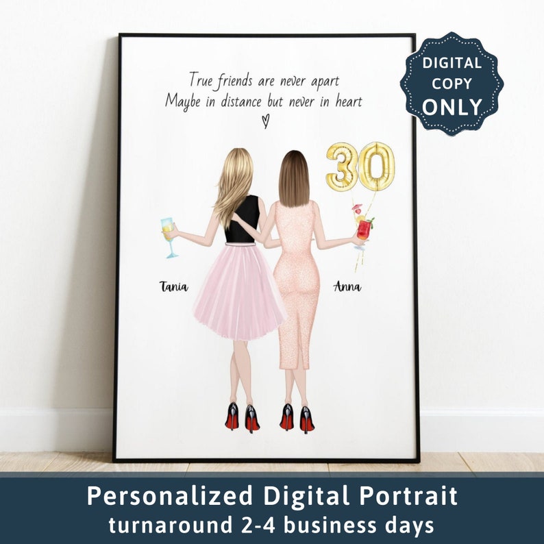 May include: A digital illustration of two friends in dresses, holding drinks, with the text "True friends are never apart Maybe in distance but never in heart" and "30" in gold balloons. The text "Tania" and "Anna" are below the figures.