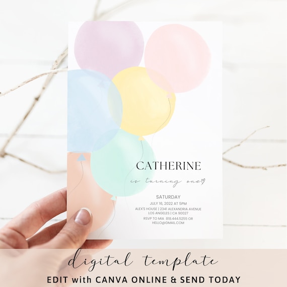 Elegant Pastel Birthday Invitation, Pastel Watercolor Balloons, 1st Birthday Invite, Baby Girl invitation, Boho birthday invite editable 105