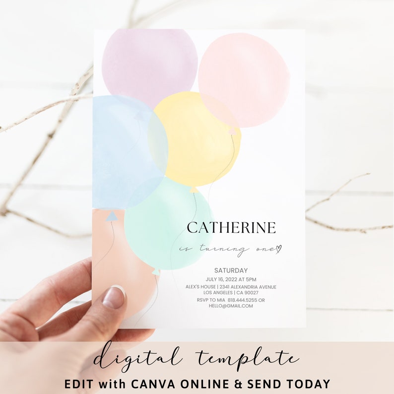 Elegant Pastel Birthday Invitation, Pastel Watercolor Balloons in pink, lavender, yellow, blue, green and coral colours, 1st Birthday Invite, 2nd birthday, Baby Girl invitation, Boho birthday invite, editable, digital template, canva template