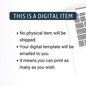 Op de afbeelding: Een witte laptop met een zwart toetsenbord en een blauwe rechthoek met de tekst "THIS IS A DIGITAL ITEM" op het scherm. De tekst onder de rechthoek luidt: "Er wordt geen fysiek item verzonden. Uw digitale sjabloon wordt per e-mail naar u verzonden. Dit betekent dat u het zo vaak kunt afdrukken als u wilt."