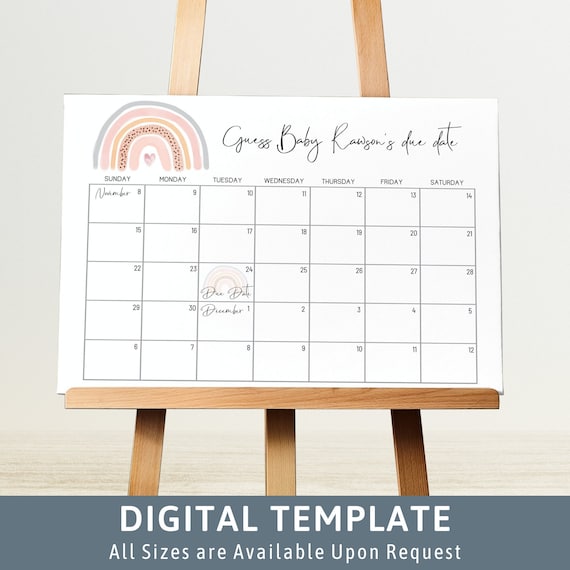 Pastel Rainbow Guess Baby's Due Date Game Baby Shower Game Sign Guess the Due Date Game Prediction Calendar Baby Girl Shower Ready to POP 14