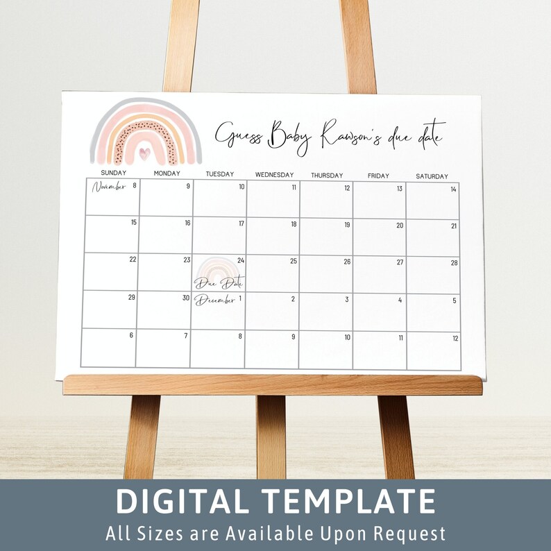 Op de afbeelding: Een afdrukbare kalender met een regenboogontwerp en de tekst "Raad de uitgerekende datum van Baby Rawson". De kalender is voor de maanden november en december, met de uitgerekende datum gemarkeerd op 1 december.