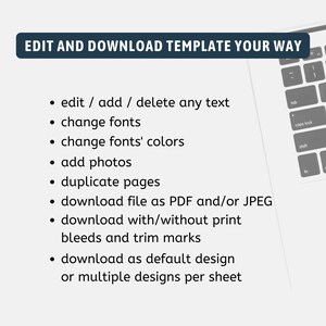 May include: A list of features for editing and downloading a template. The features include editing text, changing fonts, adding photos, duplicating pages, and downloading the file as a PDF or JPEG.