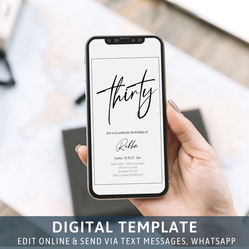May include: A digital birthday invitation template for a 30th birthday party. The invitation is designed in a minimalist style with black text on a white background. The text reads "thirty" in a handwritten font, followed by "Join us to celebrate the birthday of Rekha" and the date, time, and location of the party. The invitation also includes an RSVP phone number.