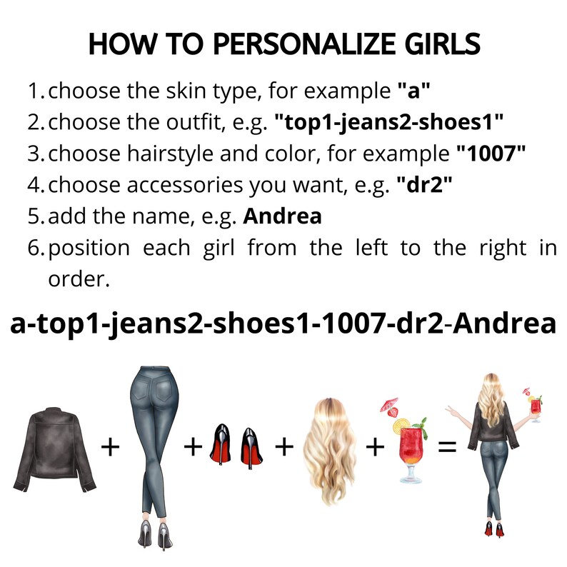 May include: A digital illustration showing how to personalize a digital avatar. The illustration shows a black leather jacket, blue jeans, red high heels, blonde hair, a cocktail drink, and a woman wearing a black leather jacket and blue jeans. The text "a-top1-jeans2-shoes1-1007-dr2-Andrea" is below the illustration.