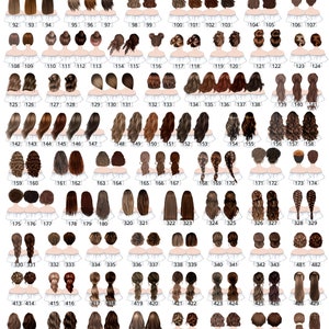 Op de afbeelding: Een kaart met 45 verschillende bruine kapsels voor vrouwen. Elk kapsel is genummerd en weergegeven op een witte achtergrond.