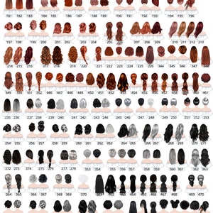 Op de afbeelding: Een grafiek met 48 verschillende kapsels voor vrouwen. De kapsels zijn in rood, grijs en zwart. Elk kapsel is genummerd.