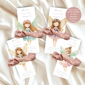 Modelo de etiqueta para scrunchie de fada, cartão para scrunchie de aniversário de fada, lembrancinha mágica para festa, convite para fada do jardim, etiqueta para scrunchie editável digital