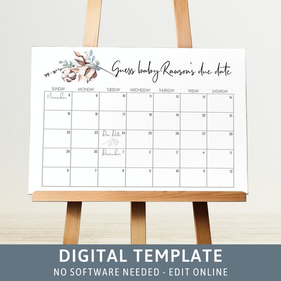 Guess Baby's Due Date Game Winter Baby Shower Game Sign Fall Guess the Due Date Game Prediction Calendar Cotton Floral Baby Shower Game 84