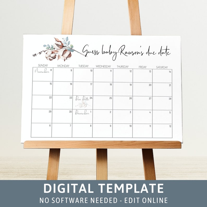 Op de afbeelding: Een afdrukbare kalendertemplate voor een babyshower. De kalender is versierd met een aquarelbloemendesign en de tekst "Raad de uitgerekende datum van baby Rawson". De kalender is voor de maanden november en december.