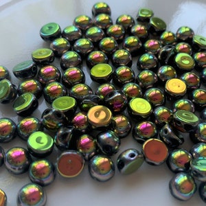 20 pcs Cabochons, 6mm, Jet Full Vitrail, 2-Hole, Czech Pressed Glass Beads