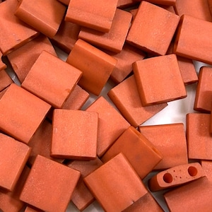 Può includere: Un mucchio di perline quadrate color terracotta. Ogni perlina è un piccolo quadrato piatto con bordi arrotondati. Le perline hanno una finitura opaca e sembrano essere fatte di un materiale solido. Alcune perline hanno due fori per l'infilatura.