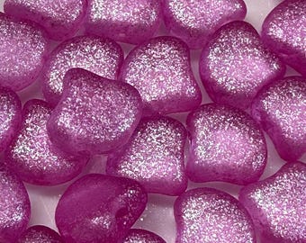 Frozen Matte Hot Pink Ginko Matubo Beads, 2 Hole, Czech Pressed Glass