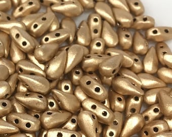 75 Stück DropDuo Perlen, 2 Loch, Aztec Gold, 3 x 6 mm, tropfen- oder birnenförmige Tschechische Pressglasperlen
