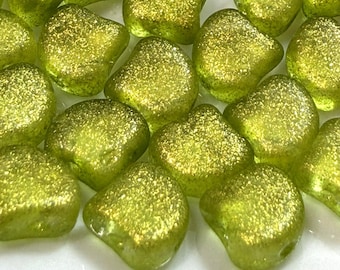 Frozen Matte Lime Green Ginko Matubo Beads, 2 Hole, Czech Pressed Glass