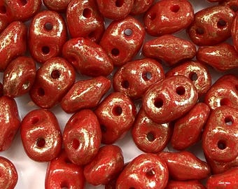 Superduo Matubo Beads - Gold Marbled Red Opaque, 5g, 10g, Czech Pressed Glass Beads