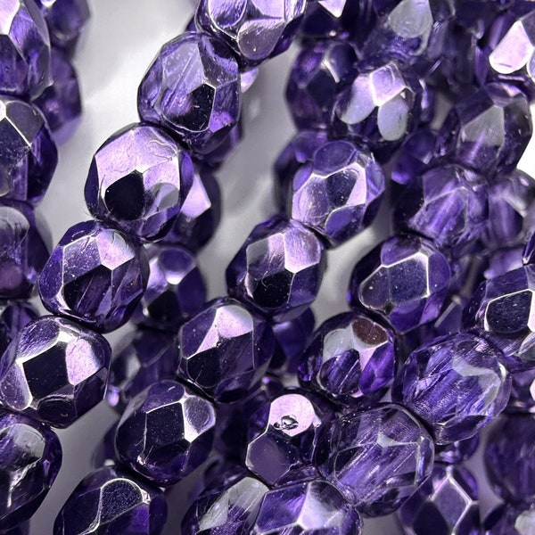 Crystal Violet Metallic Ice Round Faceted Fire Polished Czech Beads, 4mm, 50 beads