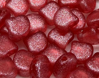 Frozen Matte Red Ginko Matubo Beads, 2 Hole, Czech Pressed Glass