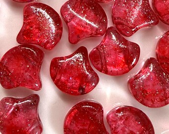 20 pcs Stardance Scarlett Coral Ginko Matubo Beads, 2 Hole, Czech Pressed Glass