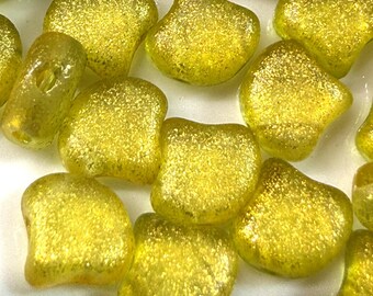 Frozen Matte Yellow Ginko Matubo Beads, 2 Hole, Czech Pressed Glass