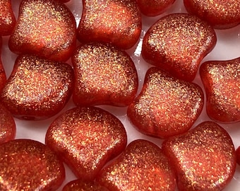 Frozen Matte Hot Red Ginko Matubo Beads, 2 Hole, Czech Pressed Glass