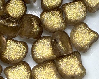 Frozen Matte Ochre Ginko Matubo Beads, 2 Hole, Czech Pressed Glass