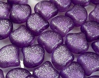 Frozen Matte Purple Ginko Matubo Beads, 2 Hole, Czech Pressed Glass