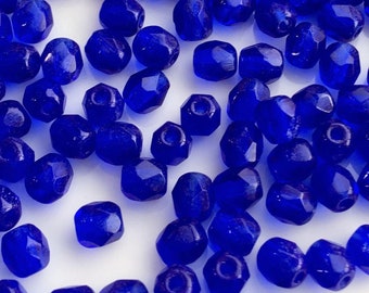 50 pcs Cobalt Round Faceted Fire Polished Czech Beads, 4mm, loose