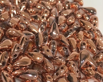 50 pcs Dropduo Beads, 2 hole, Crystal Full Capri Gold, 3x6mm, drop or pear shaped Czech Pressed Glass Beads
