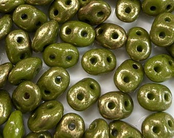 Superduo Matubo Beads - Gold Marbled Olive Opaque, 5g, 10g, Czech Pressed Glass Beads
